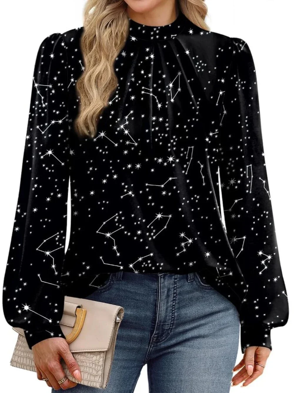 Women's Black Star Long Sleeve Shirt Pleated Front Blouses Dressy Mock Neck Top
